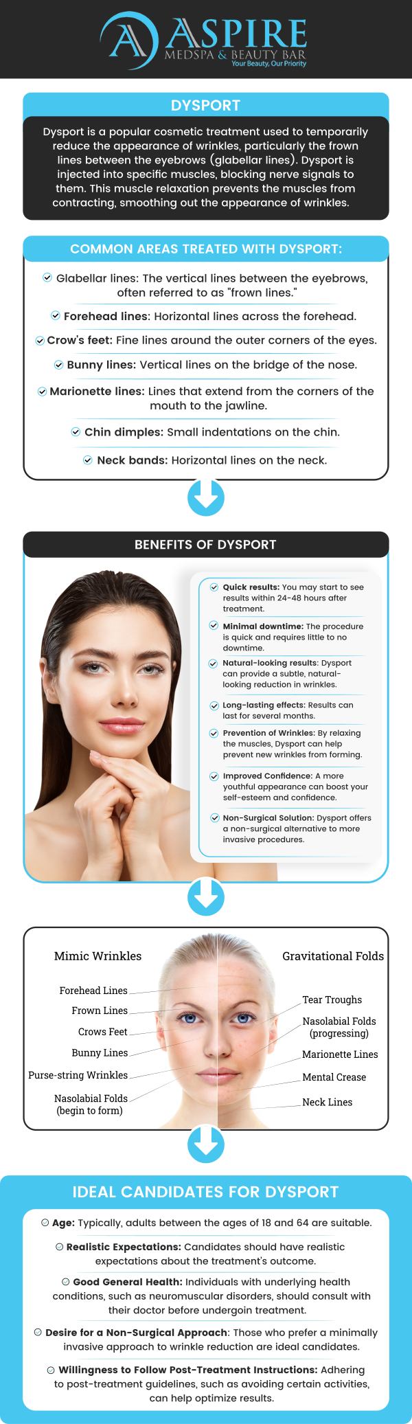 Say goodbye to wrinkles and fine lines with Dysport, the quick and effective solution for a smoother, more youthful look. Enjoy natural, long-lasting results with minimal downtime, and rediscover your confidence. Visit Rosaly Stephens, MSN, ARNP-C, at Aspire MedSpa and Beauty Bar and experience the rejuvenating effects of Dysport! For more information, contact us or request an appointment online. We are conveniently located at 12932 N. Dale Mabry Hwy Tampa, FL 33618