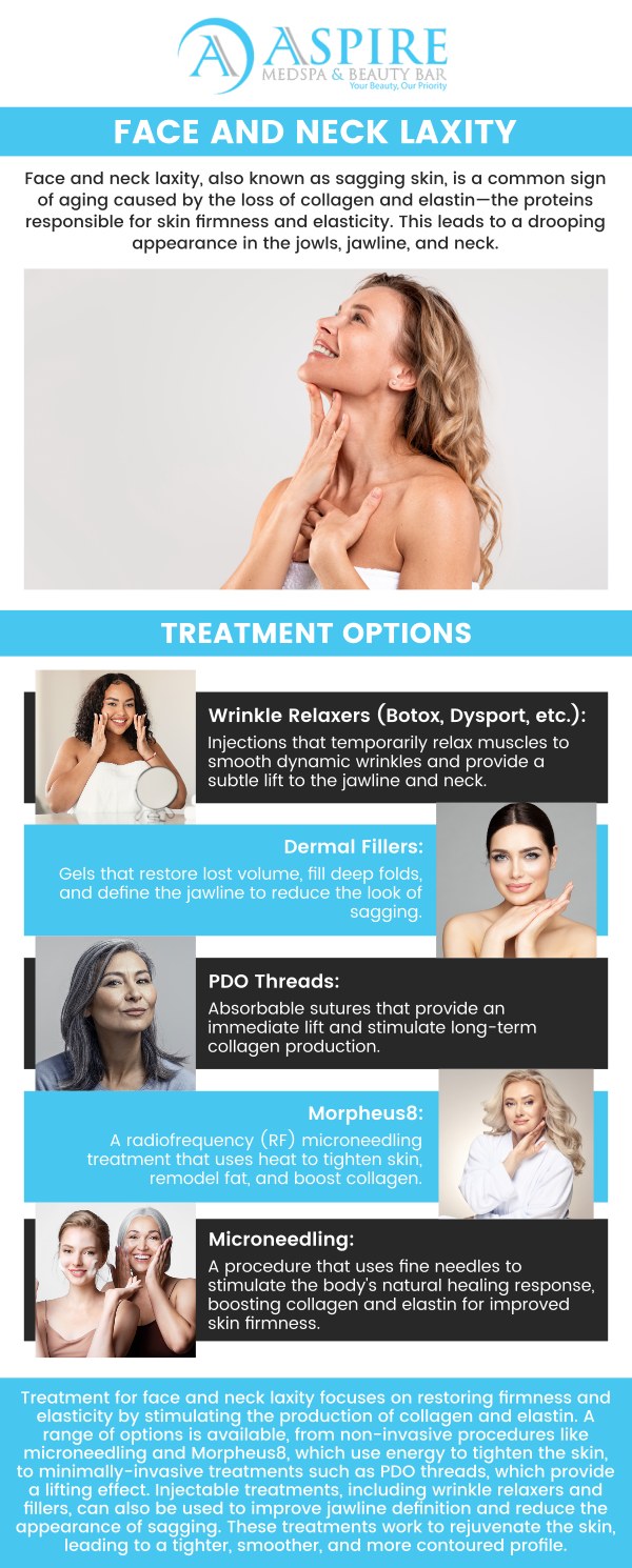 Face and neck laxity refers to the sagging or loose skin that occurs as a result of aging, sun damage, or weight loss. This condition can lead to a less defined jawline and neck, but various treatments, including non-surgical options, can tighten and lift the skin for a smoother, more youthful appearance. Visit our team for effective treatment. For more information, contact us or schedule an appointment online. We are conveniently located at 12932 N Dale Mabry Hwy, Tampa, FL 33618. Face and neck laxity refers to the sagging or loose skin that occurs as a result of aging, sun damage, or weight loss. This condition can lead to a less defined jawline and neck, but various treatments, including non-surgical options, can tighten and lift the skin for a smoother, more youthful appearance. Visit our team for effective treatment. For more information, contact us or schedule an appointment online. We are conveniently located at 12932 N Dale Mabry Hwy, Tampa, FL 33618.