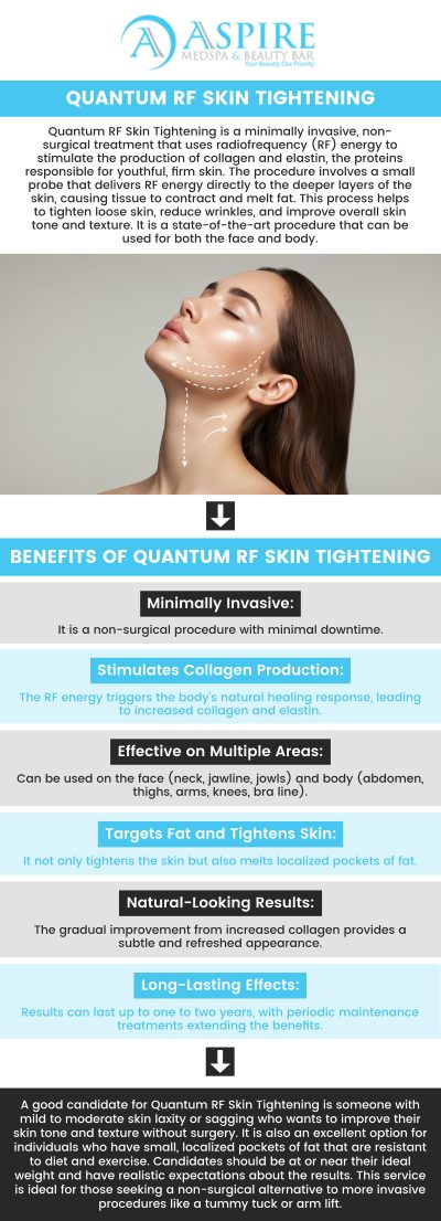 Quantum RF skin tightening offers a non-invasive solution to achieve firmer, more youthful-looking skin. Using advanced radiofrequency technology, this treatment stimulates collagen production, helping reduce fine lines and tighten loose skin without surgery. Visit Rosaly Stephens, MSN, ARNP-C, at Aspire Medspa and Beauty Bar to achieve a smoother, more rejuvenated complexion, this procedure provides natural results with minimal downtime. For more information, contact us or request an appointment online. We are conveniently located at 12932 N. Dale Mabry Hwy Tampa, FL 33618.