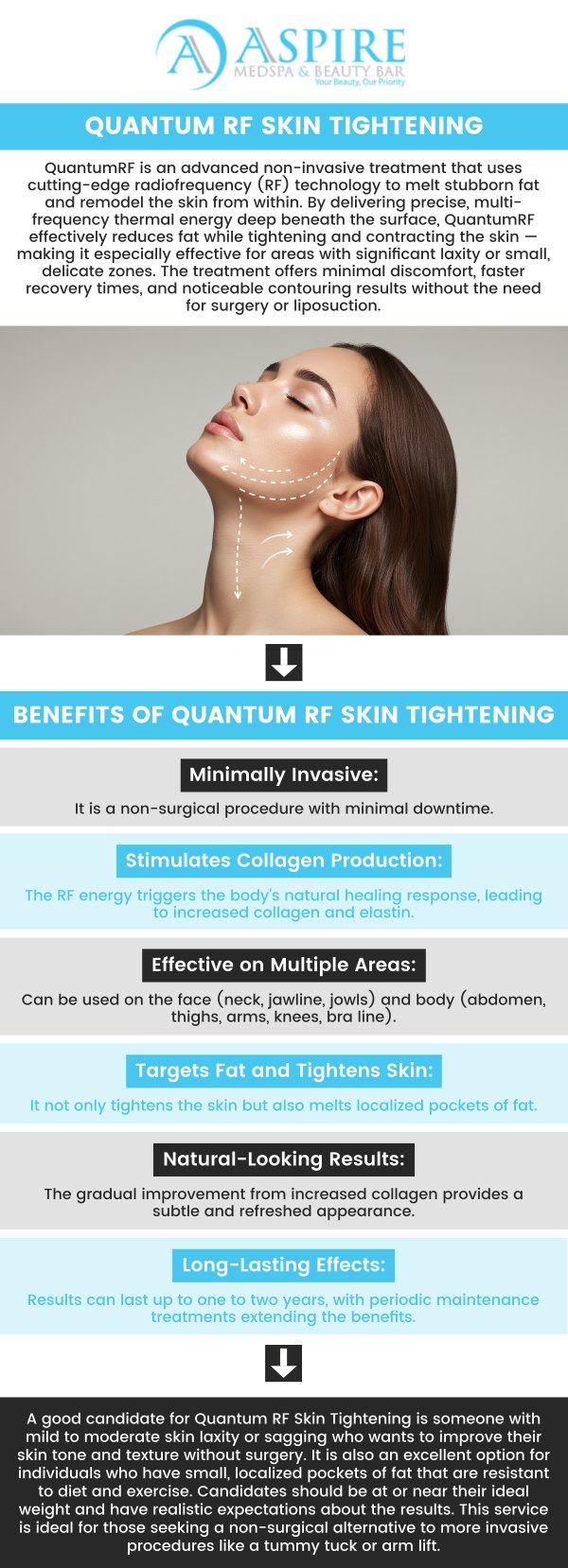 Quantum RF skin tightening offers a non-invasive solution to achieve firmer, more youthful-looking skin. Using advanced radiofrequency technology, this treatment stimulates collagen production, helping reduce fine lines and tighten loose skin without surgery. Visit Rosaly Stephens, MSN, ARNP-C, at Aspire Medspa and Beauty Bar to achieve a smoother, more rejuvenated complexion, this procedure provides natural results with minimal downtime. For more information, contact us or request an appointment online. We are conveniently located at 12932 N. Dale Mabry Hwy Tampa, FL 33618.