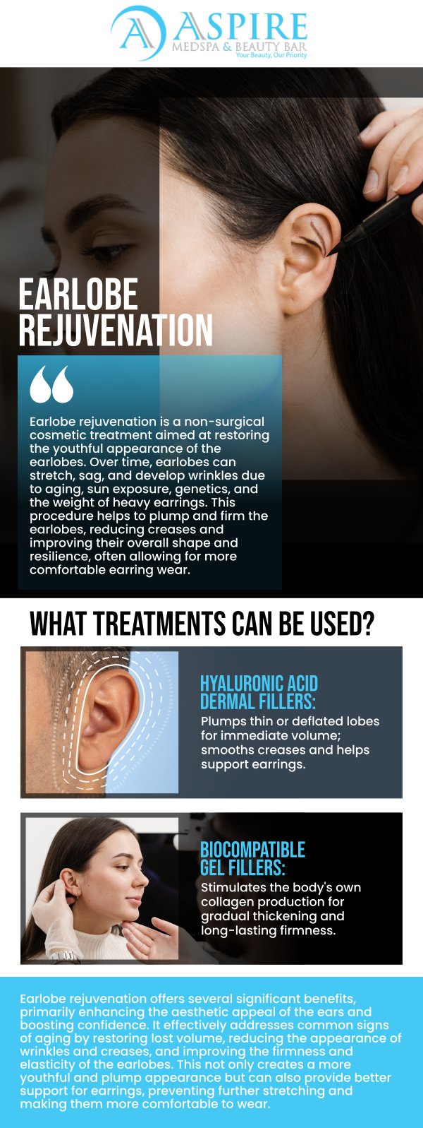 Earlobe rejuvenation is a non-surgical treatment designed to restore the shape and volume of aging or stretched earlobes. This procedure enhances the appearance of your earlobes, giving them a fuller, more youthful look. Our team of skilled professionals is dedicated to providing personalized care for earlobe rejuvenation. For more information, contact us or schedule an appointment online. We are conveniently located at 12932 N Dale Mabry Hwy, Tampa, FL 33618.