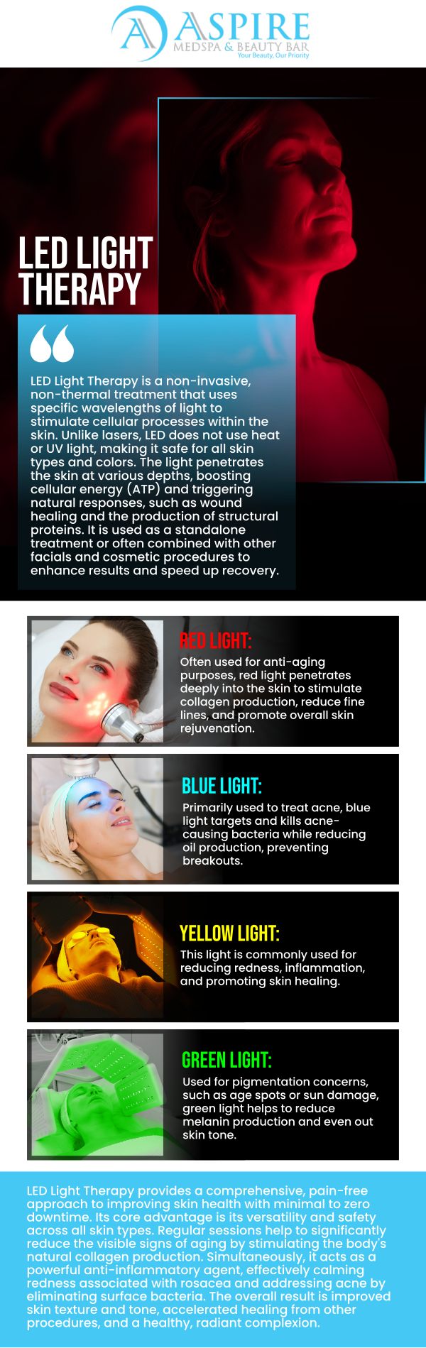Common questions asked by clients: What is LED Light Therapy and how does it improve skin health? How does LED Light Therapy help with acne and inflammation? Is LED Light Therapy safe for all skin types? How many LED Light Therapy sessions are needed for visible results? Can LED Light Therapy be combined with facials or chemical peels? For more information, contact us or schedule an appointment online. We are conveniently located at 12932 N Dale Mabry Hwy, Tampa, FL 33618. We serve clients from Tampa FL, Egypt Lake-Leto FL, Town ‘n’ Country FL, Westchase FL, Temple Terrace FL, Lutz FL, Oldsmar FL, Keystone FL, Wesley Chapel FL, and surrounding areas.