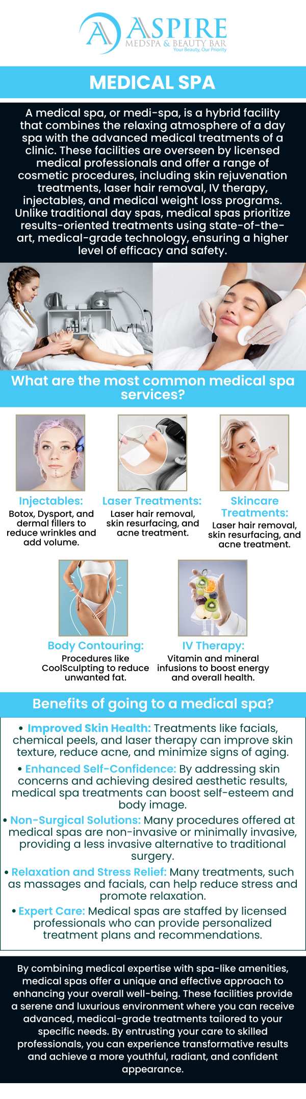 Aspire MedSpa offers flexible walk-in, same-day, and scheduled appointments to make your journey to beauty and wellness as easy as possible. Rosaly Stephens, MSN, ARNP-C, is committed to providing personalized consultations, ensuring that you receive the most effective treatments tailored to your needs. Whether you're looking for advanced aesthetics, skincare, or rejuvenation services, our dedicated team is here to offer professional, compassionate care that fits your schedule. For more information, contact us or request an appointment online. We are conveniently located at 12932 N. Dale Mabry Hwy Tampa, FL 33618.