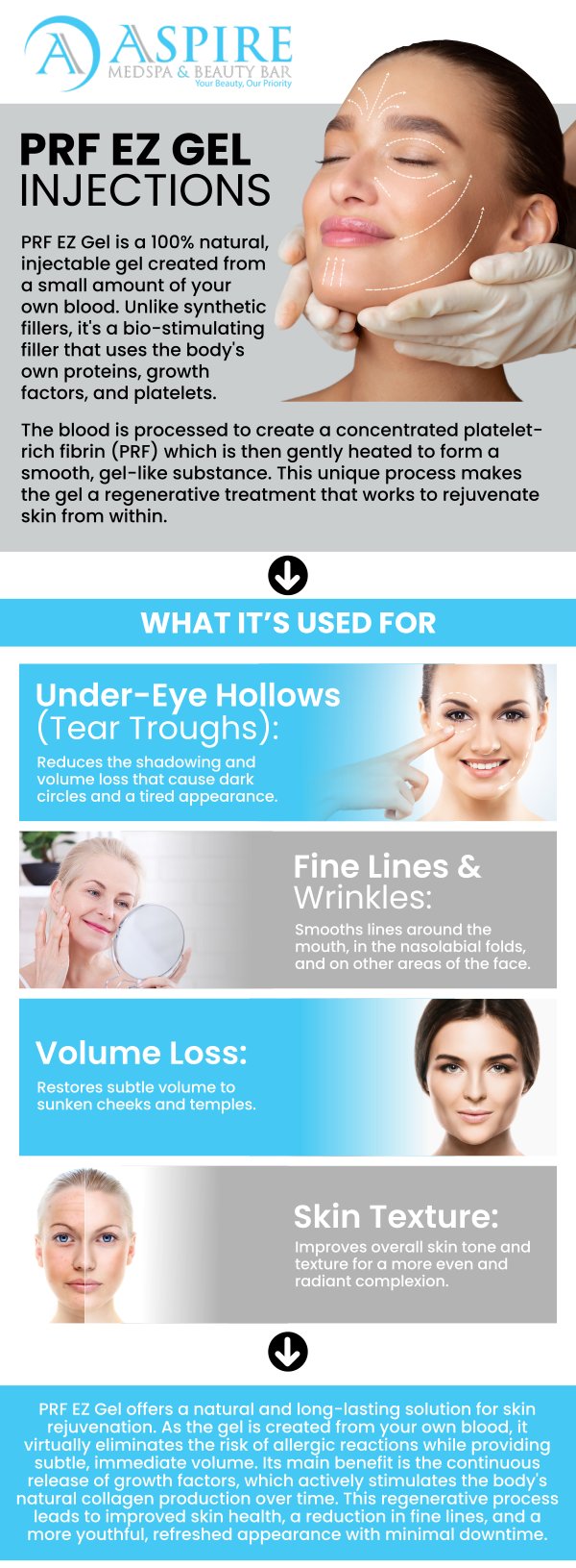 Common questions asked by clients: What are the benefits of PRF EZ Gel injections for skin rejuvenation? How long do the results from PRF EZ Gel injections last? Are PRF EZ Gel injections safe, and are there any side effects? Who is an ideal candidate for PRF EZ Gel injections? For more information, contact us or schedule an appointment online. We are conveniently located at 12932 N Dale Mabry Hwy, Tampa, FL 33618. We serve clients from Tampa FL, Egypt Lake-Leto FL, Town ‘n’ Country FL, Westchase FL, Temple Terrace FL, Lutz FL, Oldsmar FL, Keystone FL, Wesley Chapel FL, and surrounding areas.
