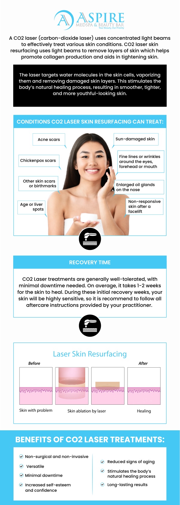 Revitalize your skin with CO2 laser resurfacing at Aspire MedSpa and Beauty Bar. Our skilled specialists use advanced technology to target wrinkles, scars, and pigmentation, helping you achieve smoother, firmer, and more youthful skin. Visit us today to experience the power of CO2 laser resurfacing and feel confident in your radiant, glowing skin! For more information, contact us or request an appointment online. We are conveniently located at 12932 N. Dale Mabry Hwy Tampa, FL 33618.