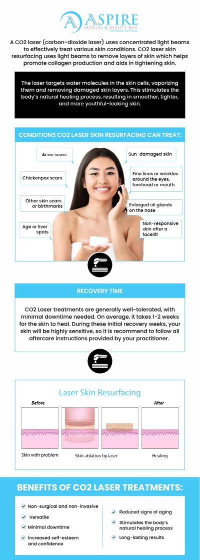 Revitalize your skin with CO2 laser resurfacing at Aspire MedSpa and Beauty Bar. Our skilled specialists use advanced technology to target wrinkles, scars, and pigmentation, helping you achieve smoother, firmer, and more youthful skin. Visit us today to experience the power of CO2 laser resurfacing and feel confident in your radiant, glowing skin! For more information, contact us or request an appointment online. We are conveniently located at 12932 N. Dale Mabry Hwy Tampa, FL 33618.