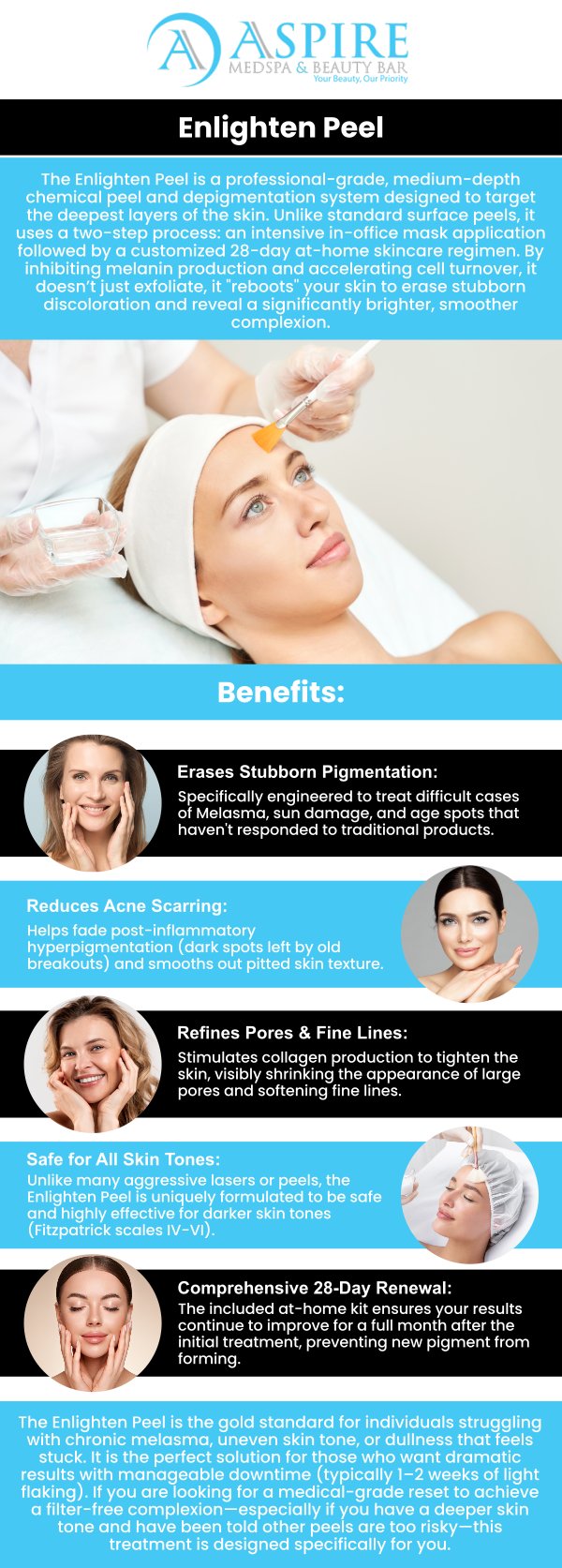 The Enlighten Peel is a powerful, non-invasive treatment designed to rejuvenate your skin and improve its texture. It combines a unique blend of acids to exfoliate the skin, reduce pigmentation, and promote collagen production. Ideal for those seeking a refreshed, radiant complexion, the Enlighten Peel helps to address concerns like uneven skin tone, fine lines, and sun damage. Experience smoother, brighter skin with Rosaly Stephens, MSN, ARNP. For more information, contact us or schedule an appointment online. We are conveniently located at 12932 N Dale Mabry Hwy, Tampa, FL 33618.