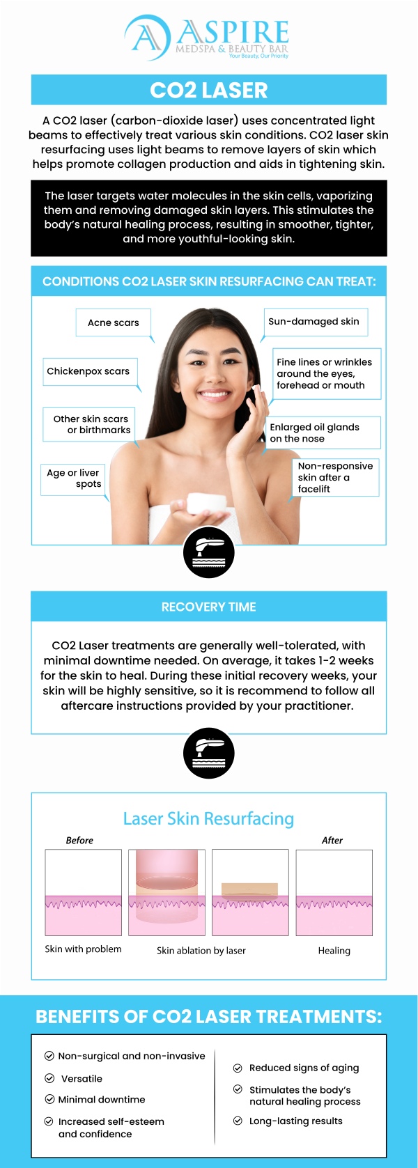 Revitalize your skin with CO2 laser resurfacing at Aspire MedSpa and Beauty Bar. Our skilled specialists use advanced technology to target wrinkles, scars, and pigmentation, helping you achieve smoother, firmer, and more youthful skin. Visit us today to experience the power of CO2 laser resurfacing and feel confident in your radiant, glowing skin! For more information, contact us or request an appointment online. We are conveniently located at 12932 N. Dale Mabry Hwy Tampa, FL 33618.