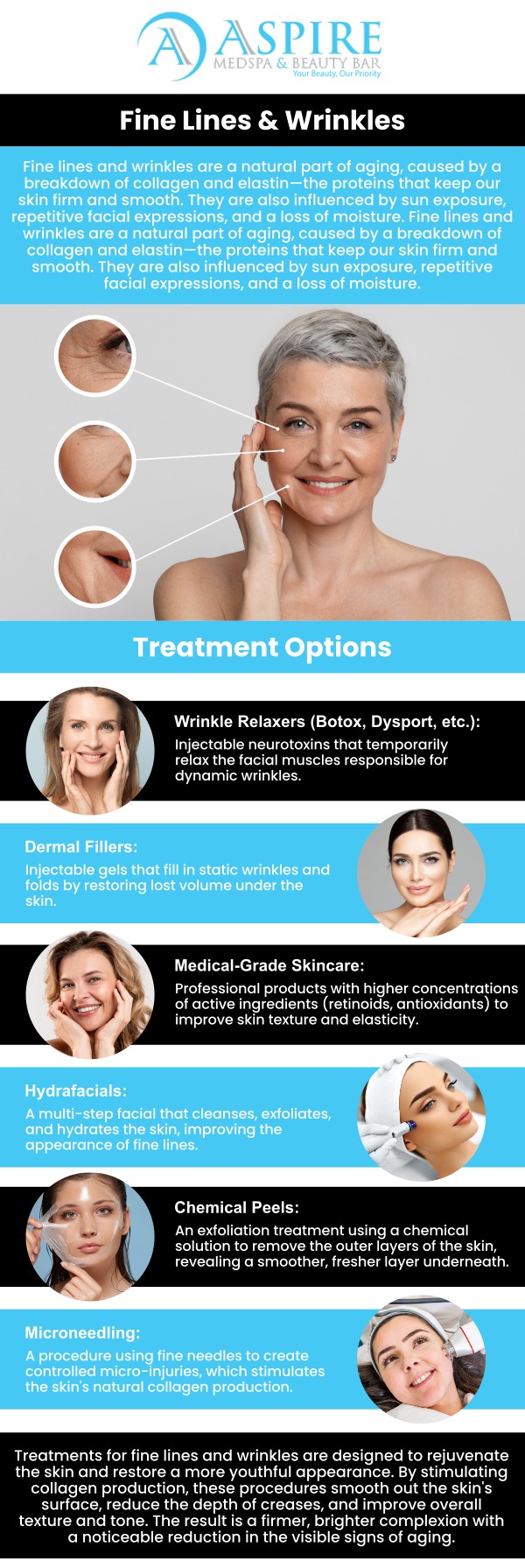 Fine lines and wrinkles are common signs of aging that appear as the skin loses elasticity and collagen over time. These lines can develop around the eyes, mouth, and forehead, but treatments like fillers, microneedling, and skincare can effectively smooth the skin and restore a youthful, refreshed appearance. Visit us for effective treatment. For more information, contact us or schedule an appointment online. We are conveniently located at 12932 N Dale Mabry Hwy, Tampa, FL 33618.