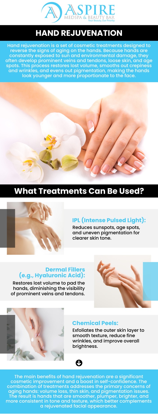 Hand rejuvenation is a treatment designed to restore the youthful appearance of your hands by addressing age-related concerns like wrinkles, volume loss, and sunspots. Visit Aspire MedSpa and Beauty Bar to replenish lost volume, leaving your hands looking refreshed and revitalized. For more information, contact us or schedule an appointment online. We are conveniently located at 12932 N Dale Mabry Hwy, Tampa, FL 33618.