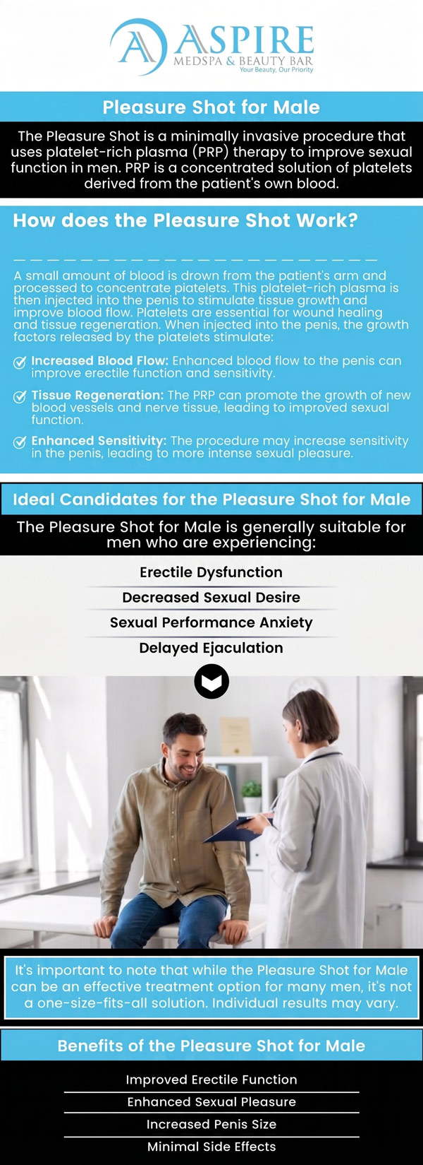 Common questions asked by clients: What is the recovery process like after the Pleasure shots for men? Who is an ideal candidate for the Pleasure shots for men? How is the Pleasure shots for men different from other erectile dysfunction treatments? Can the Pleasure shots for men be combined with other treatments for better results? For more information, contact us or schedule an appointment online. We are conveniently located at 12932 N Dale Mabry Hwy, Tampa, FL 33618. We serve clients from Tampa FL, Egypt Lake-Leto FL, Town ‘n’ Country FL, Westchase FL, Temple Terrace FL, Lutz FL, Oldsmar FL, Keystone FL, Wesley Chapel FL, and surrounding areas.
